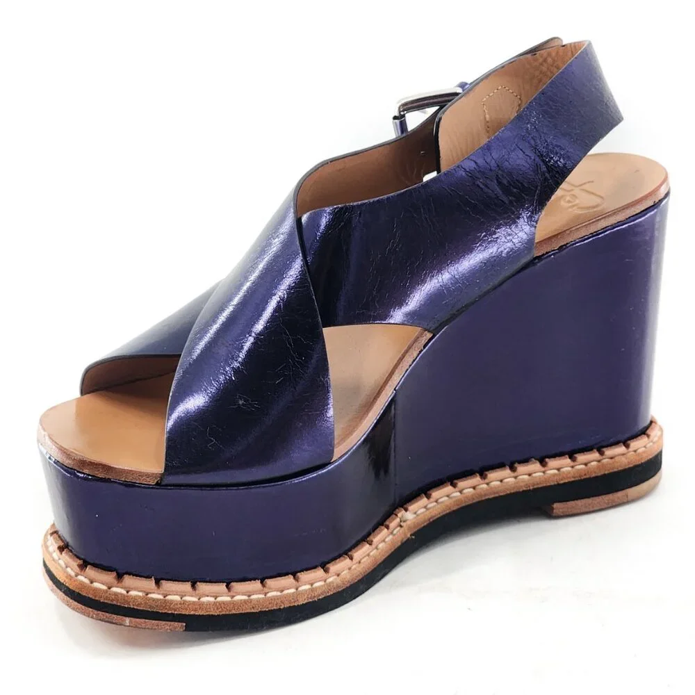 FLAMINGOS Trendy Metallic Blue Leather Platform Wedge Sandal